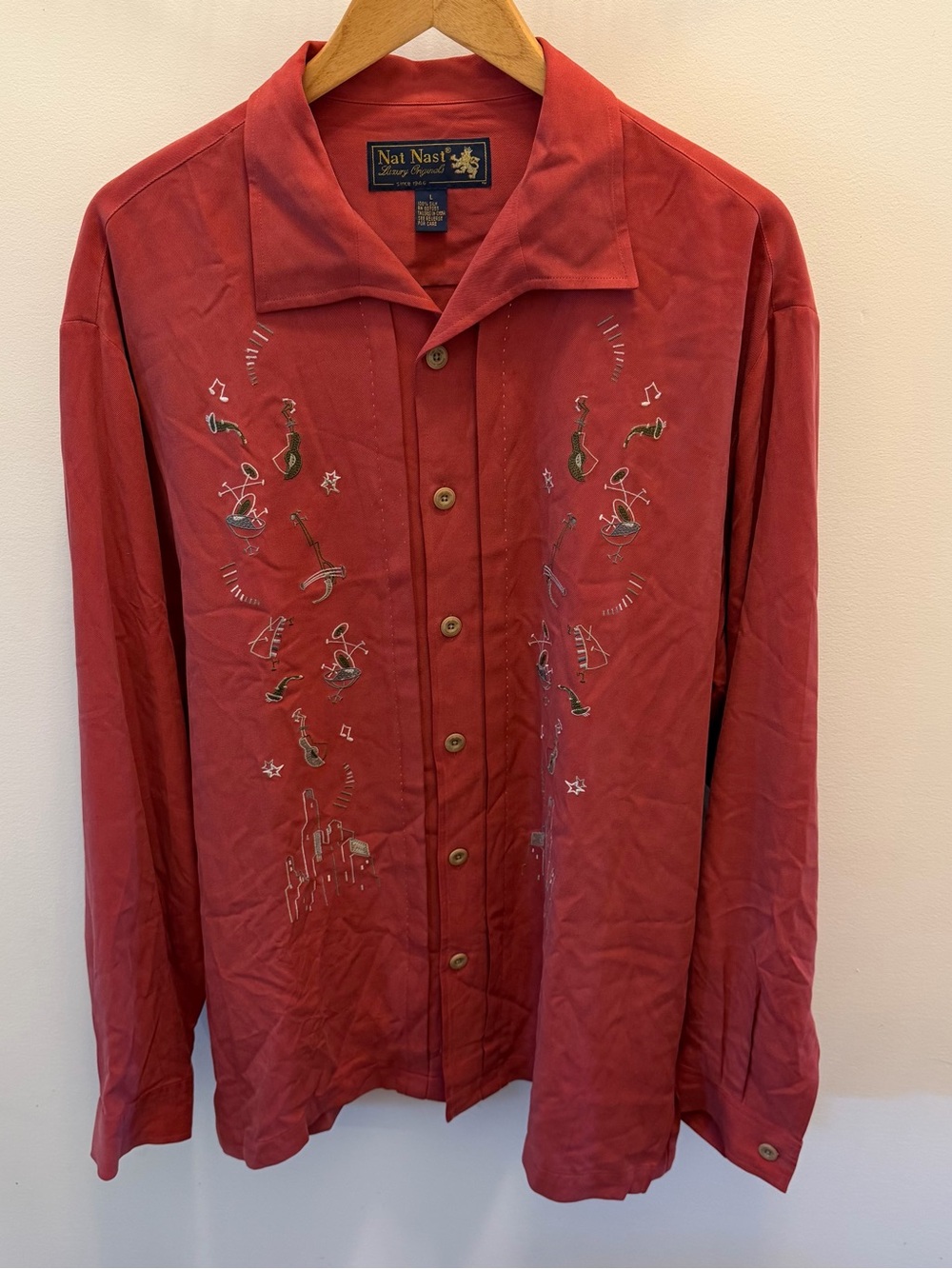Nat Nast Limited Edition 86 Take Five Jazz Silk Embroidered Shirt Mens Large Red